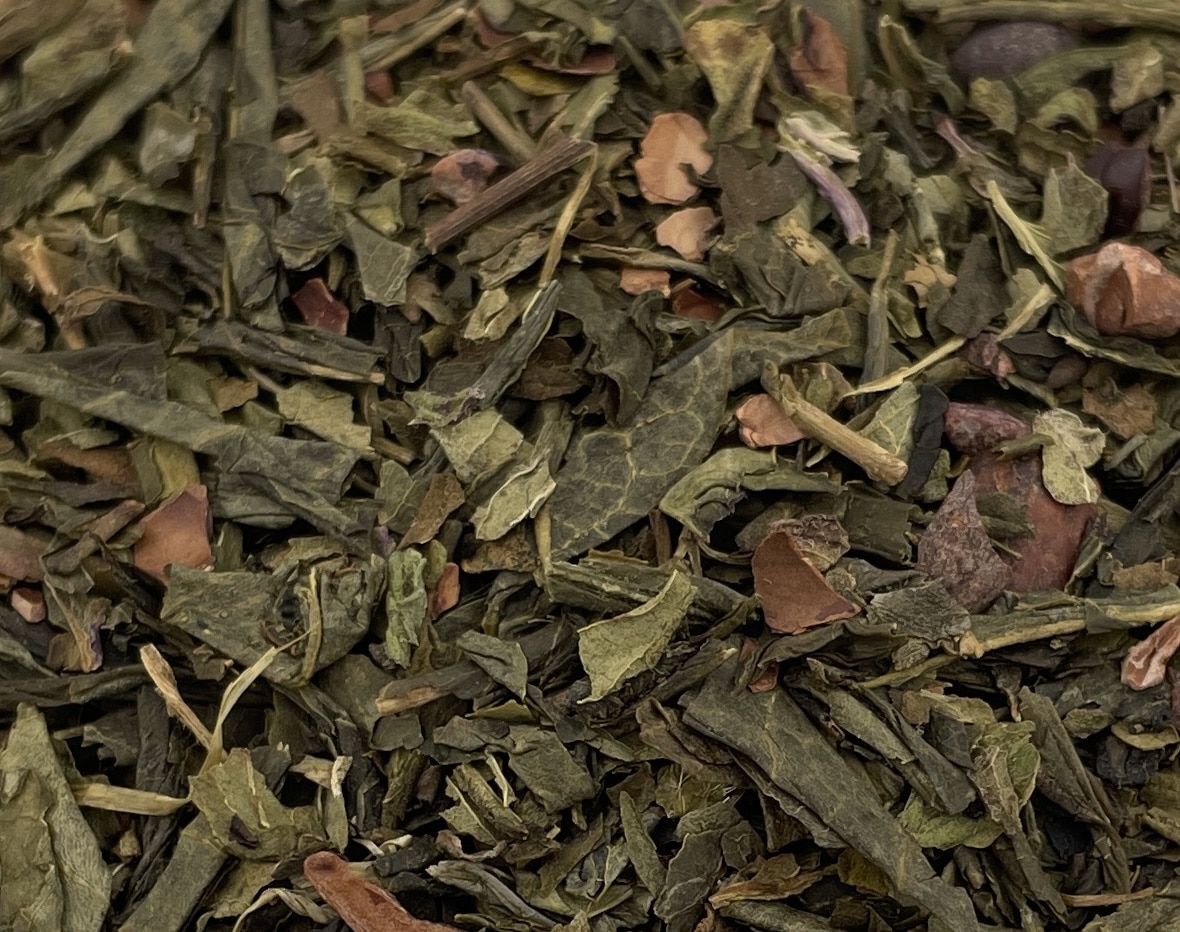 Thé vert Sencha, menthe poivrée, Grué de cacao
